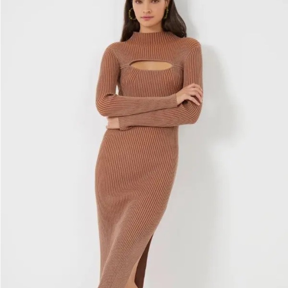 French Connection Ribbed Cutout Midi Dress - Camel Brown